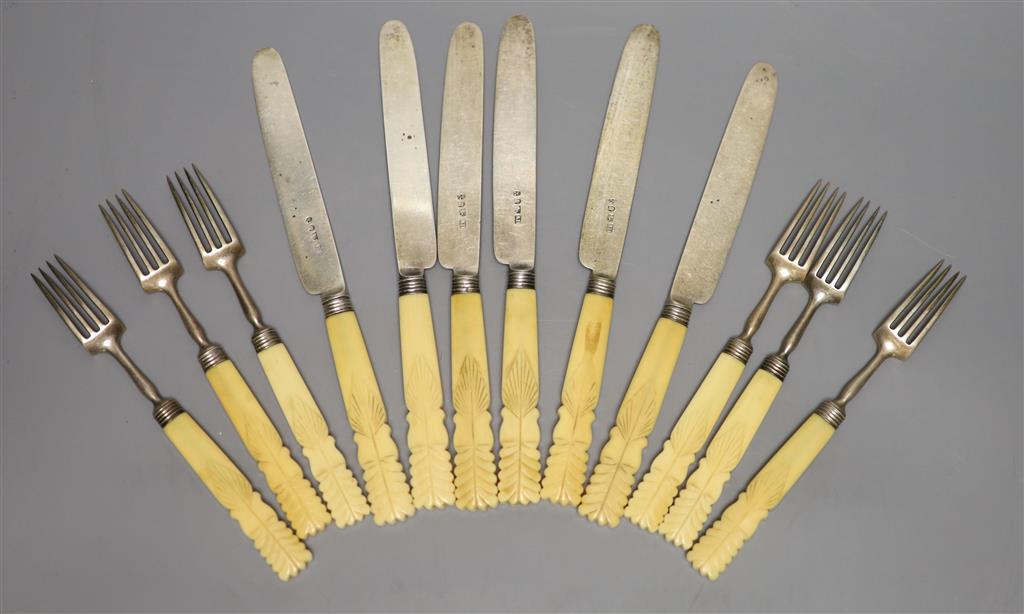 A set of six pairs of George III ivory handled silver dessert eaters, Aaron Hadfield, Sheffield, 1815, knife 19.3cm.